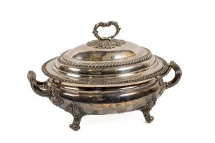 A heavy 19th Century oval silver plated ogee shaped Sheffield Soup Tureen and Cover, with gadroon