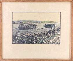 After Jack B. Yeats Cuala Press, coloured woodcut, "The Island People," 15cms x 22cms, old label