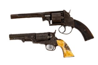 Militaria: A 19th Century steel barrel six shooter etched decoration Hand Gun, with bone handle (