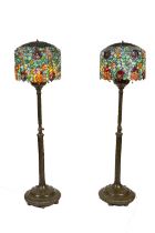 A very attractive and colourful pair of tall Tiffany style Floor or Standard Lamps, with bronzed