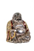 A rare Chinese white metal parcel gilt and red enamel Figure, of a laughing Buddha with string of