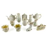 A fine collection of good Belleek Porcelain, comprising a Coffee Pot, a Teapot, a Biscuit Jar and