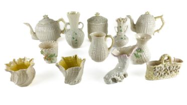 A fine collection of good Belleek Porcelain, comprising a Coffee Pot, a Teapot, a Biscuit Jar and