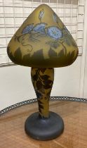 An Arts and Crafts 'Galle' type mushroom Cap Table Lamp, O.R.M., the yellow ground with floral