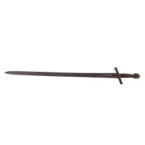 A good Medieval style steel Broad Sword, with cruciform hilt with wire grip and circular pommel, the