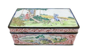 A 19th Century enamel Chinese landscape oblong Box, the lid with female figures and warrior on