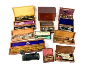 A collection of various cased Instruments, comprising drawing instruments, a glass Sikess Light