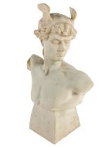 After Raymond Sudre (1870-1962) A carved marble Bust of Mercury, on square flared base, 31cms (12").
