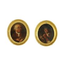 Late 18th / Early 19th Century Two miniature oval Portraits 'Man lighting a chalk Pipe from a