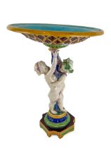A 19th Century polychrome Majolica Table Centre or Fruit Comport, probably Mintons, modelled with