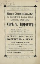 G.A.A.:  [Munster] Hurling 1934, Official Programme, Cork v. Tipperary at Waterford Gaelic Field,