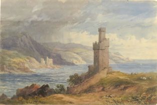 Maria Gastineau (fl. 1865-1890) 'View in County Antrim,' watercolour Coastal View with Castellated