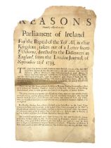 Broadside:  Reasons Humbly offered to the Parliament of Ireland, For the Repeal of the Test Act in