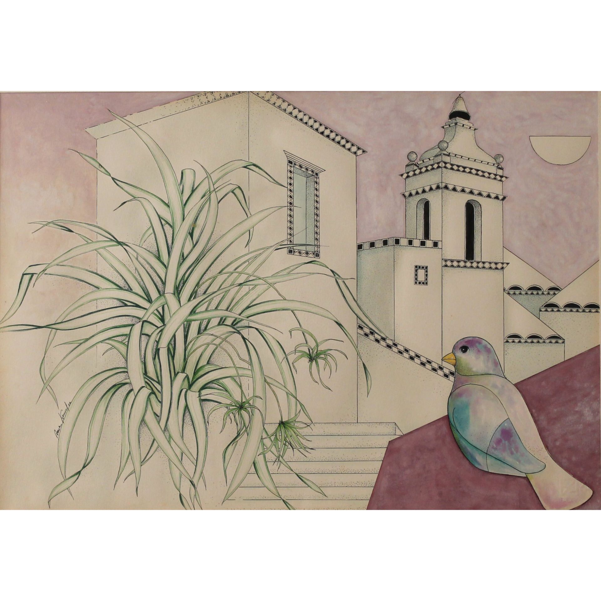 Anna Kennel (XX) "Scorcio di paese con uccellino" - "Glimpse of the village with a little bird"