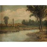Elvira Volpes (XIX) "Paesaggio lacustre con armenti e figure" - "Lake landscape with herds and figur