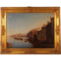 Scuola napoletana del secolo XIX "Paesaggio costiero con barche di pescatori" - Neapolitan school of