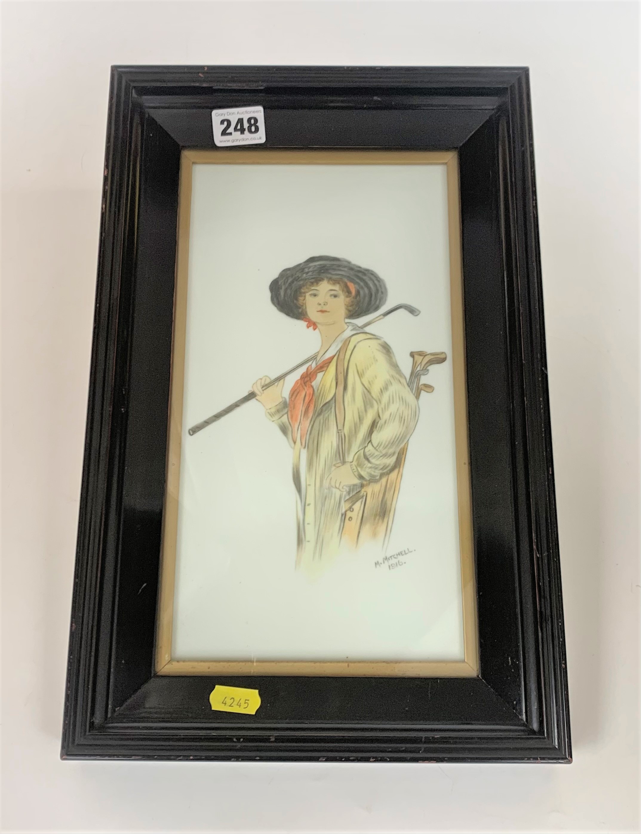 Painting of lady golfer, signed M. Mitchell 1916