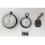 2 silver pocket watches and silver shield fob