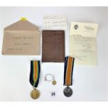 2 First World War medals, miniature medal and Soldier’s Paybook