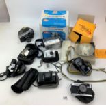 Sony Handycam DCR-PC106E, Kodak Duaflex Flasholder, 5 Olympus cameras and 3 pairs of binoculars