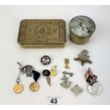 Princess Mary Christmas 1914 tin, brass tin and assorted badges and medals