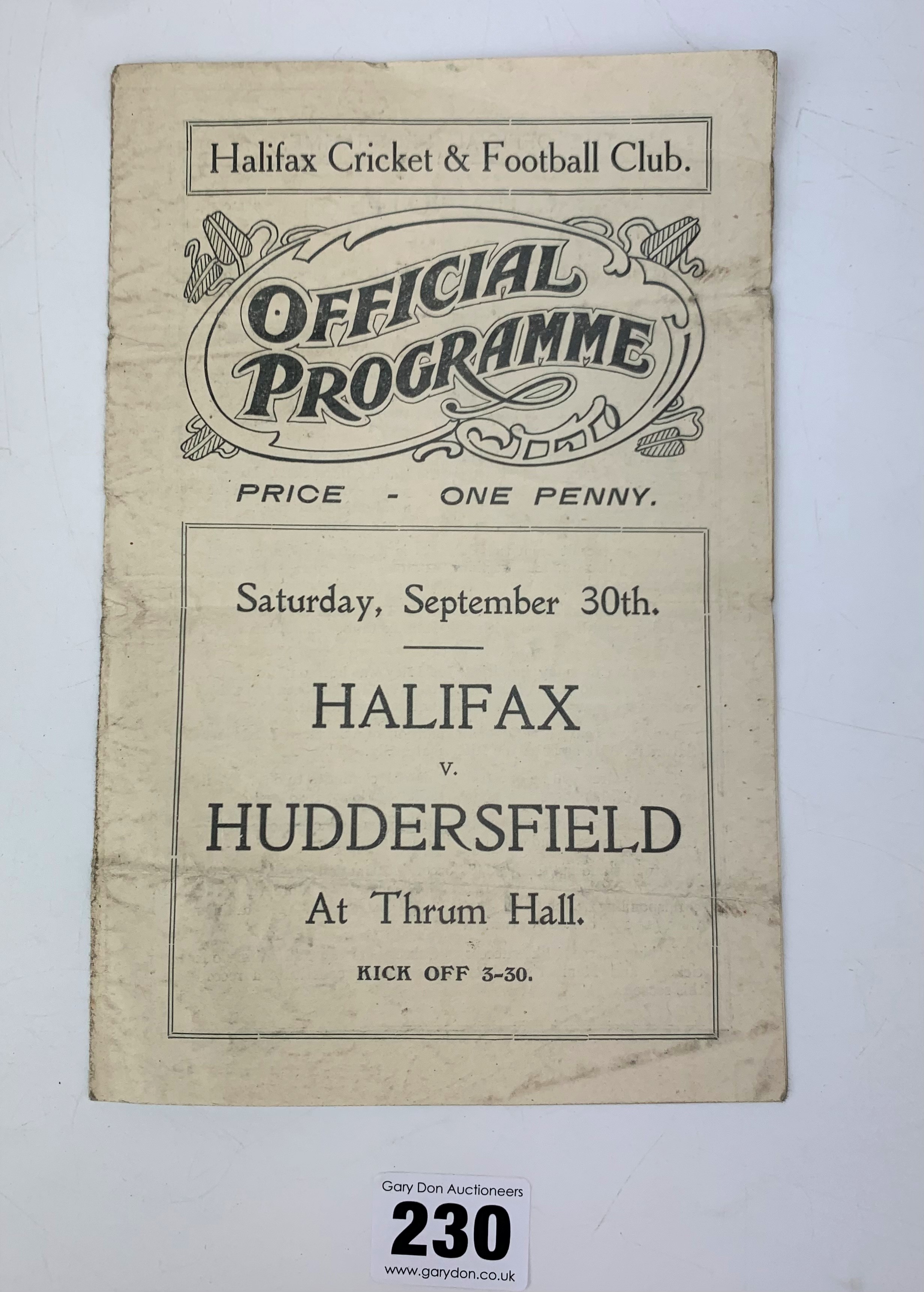 Halifax Cricket & Football Club Official Programme Halifax v Huddersfield (1930’s)