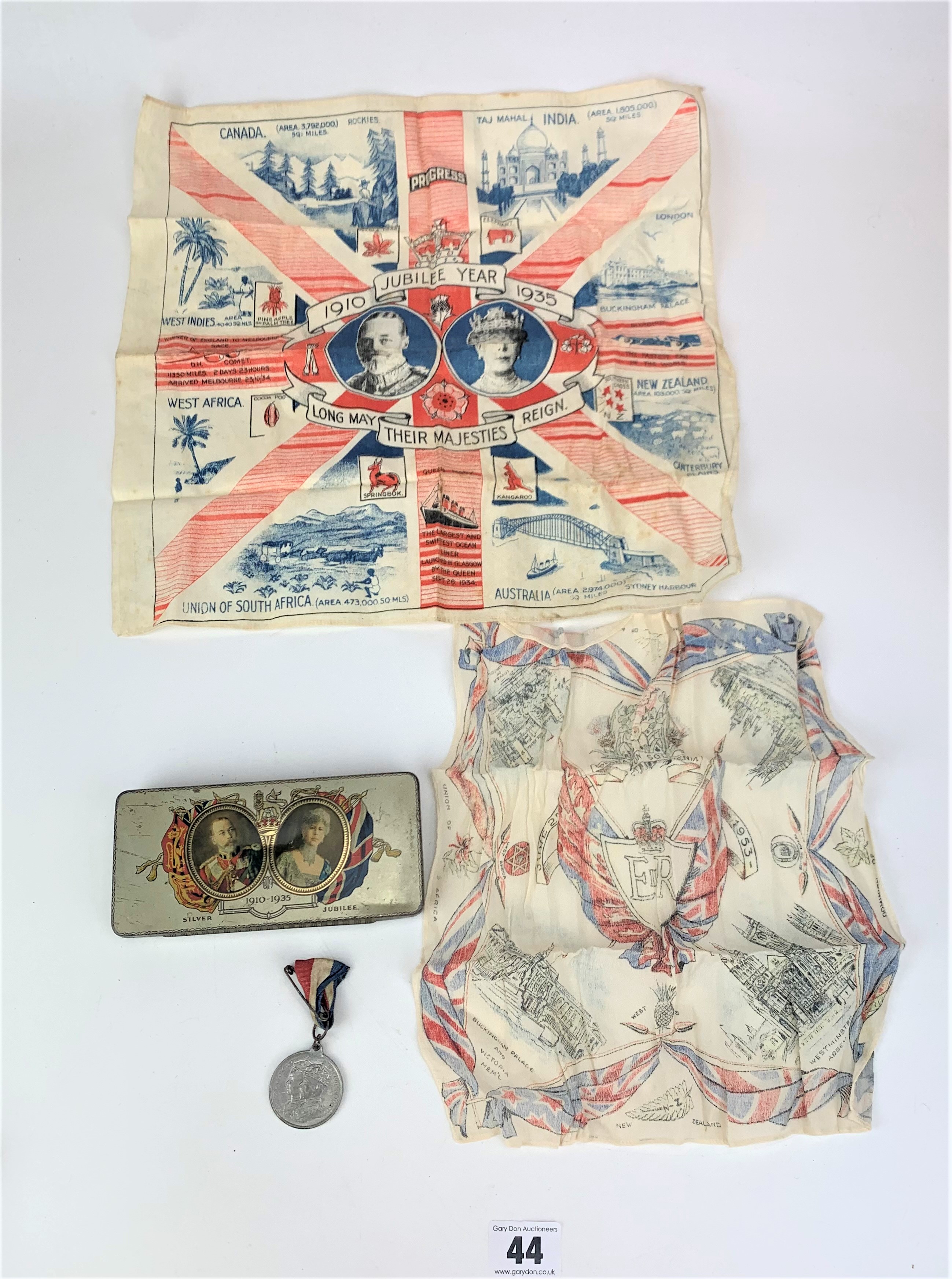 Silver Jubilee 1910 – 1935 tin with 2 handkerchiefs and coronation medal