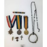 3 x WW1 medals, beads, bracelets, cross etc.