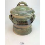 Studio art pottery twin handled lidded pot Signed JH Jane Hamlyn 13” high