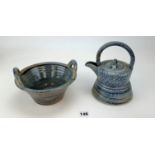 Salt glazed Studio art pottery teapot and twin handled dish. signed JH Jane Hamlyn . Dish 8” dia,