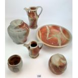 6 Pieces of Studio art pottery signed Ruthanne Tudball. Bowl, 2 jugs and 3 ginger jars. Bowl 13”