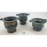 3 x Studio art pottery planters. signed JH Jane Hamlyn 3.5”, 4.5” and 5” high