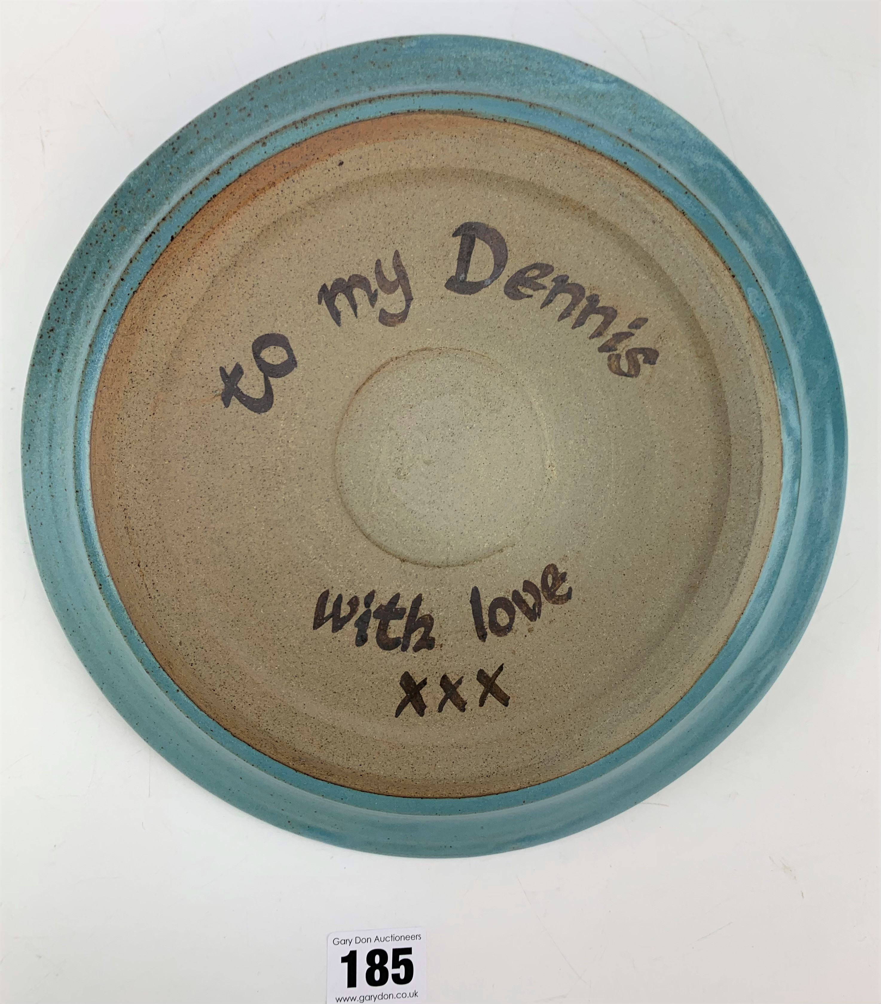 Studio art pottery twin handled plate. Signed Jan Burgess. 10” dia - Image 6 of 7