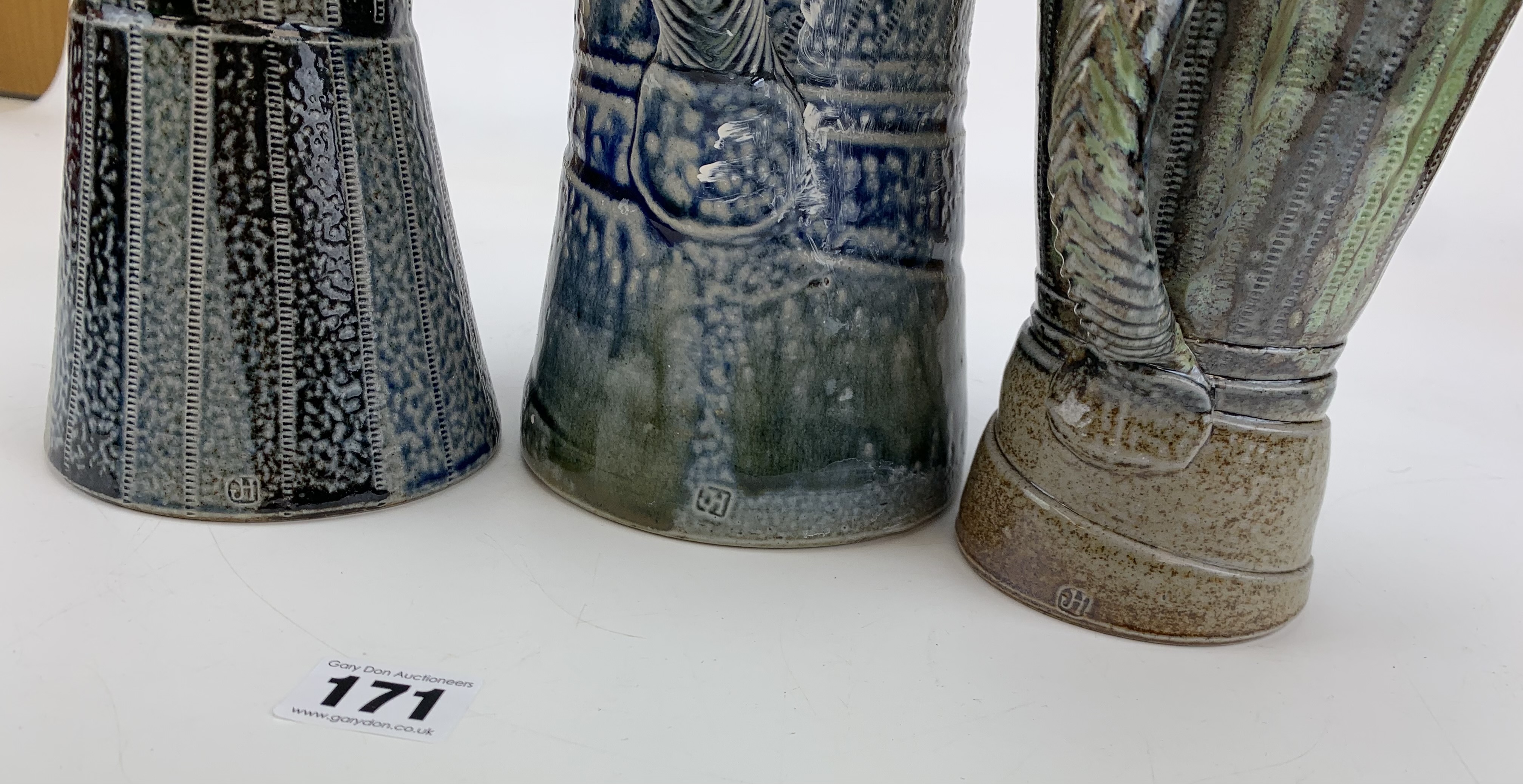 2 x Studio art pottery jugs and 1 vase signed JH Jane Hamlyn 6.5”,7” and 8.5” high - Image 7 of 8