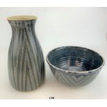 Studio art pottery blue and white bowl and vase. 12” dia x 6” high , 14” high