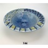 Studio art pottery blue design bowl. Signed Andrew Osborne ’87. 11” dia x 4” high