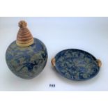 Studio art pottery lidded vase and matching dish. Signed Karin Hessenberg. 10” high and 9” dia