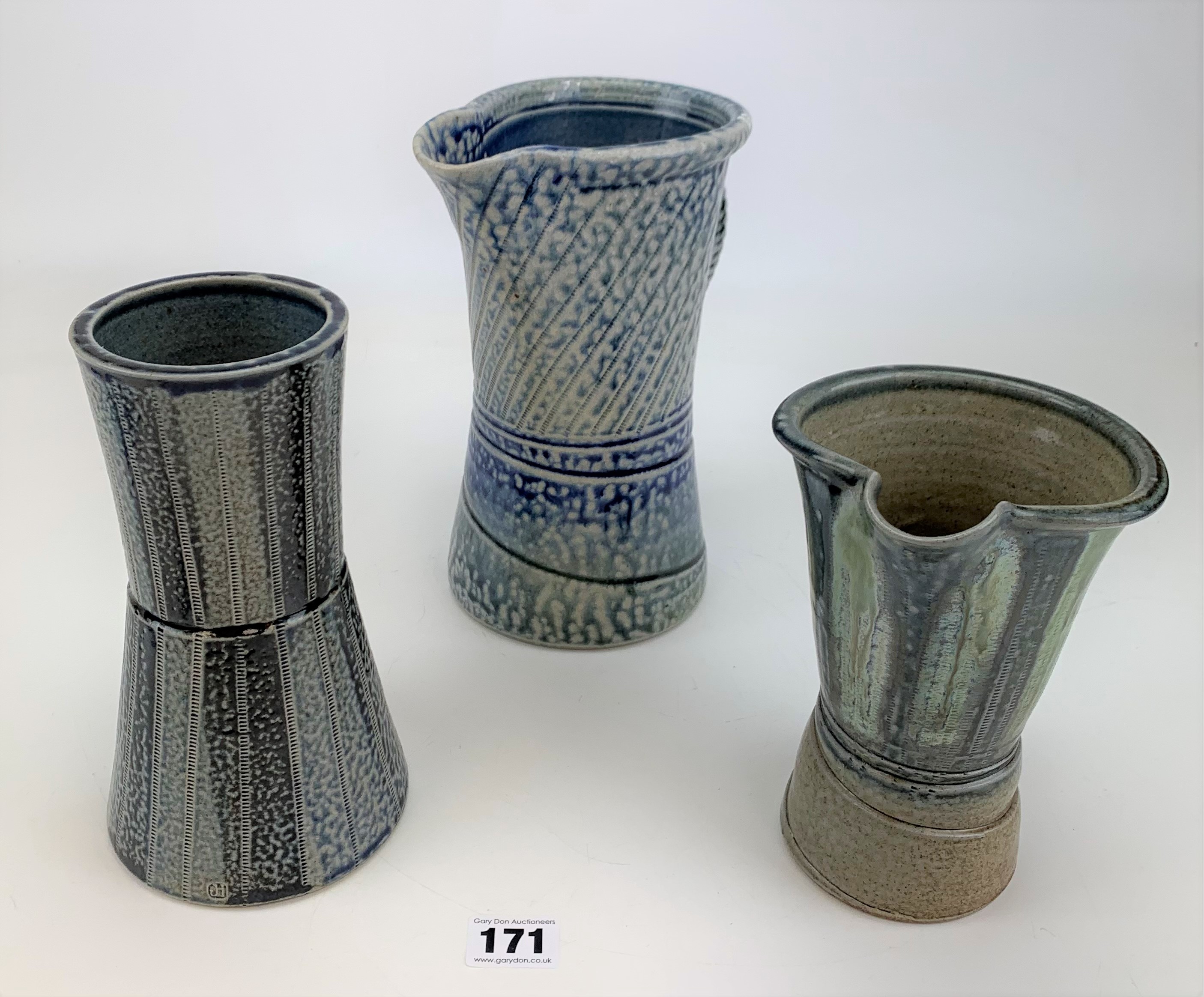 2 x Studio art pottery jugs and 1 vase signed JH Jane Hamlyn 6.5”,7” and 8.5” high - Image 3 of 8