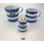 T.G Green & Co Cornishware milk jug, jug and sugar shaker