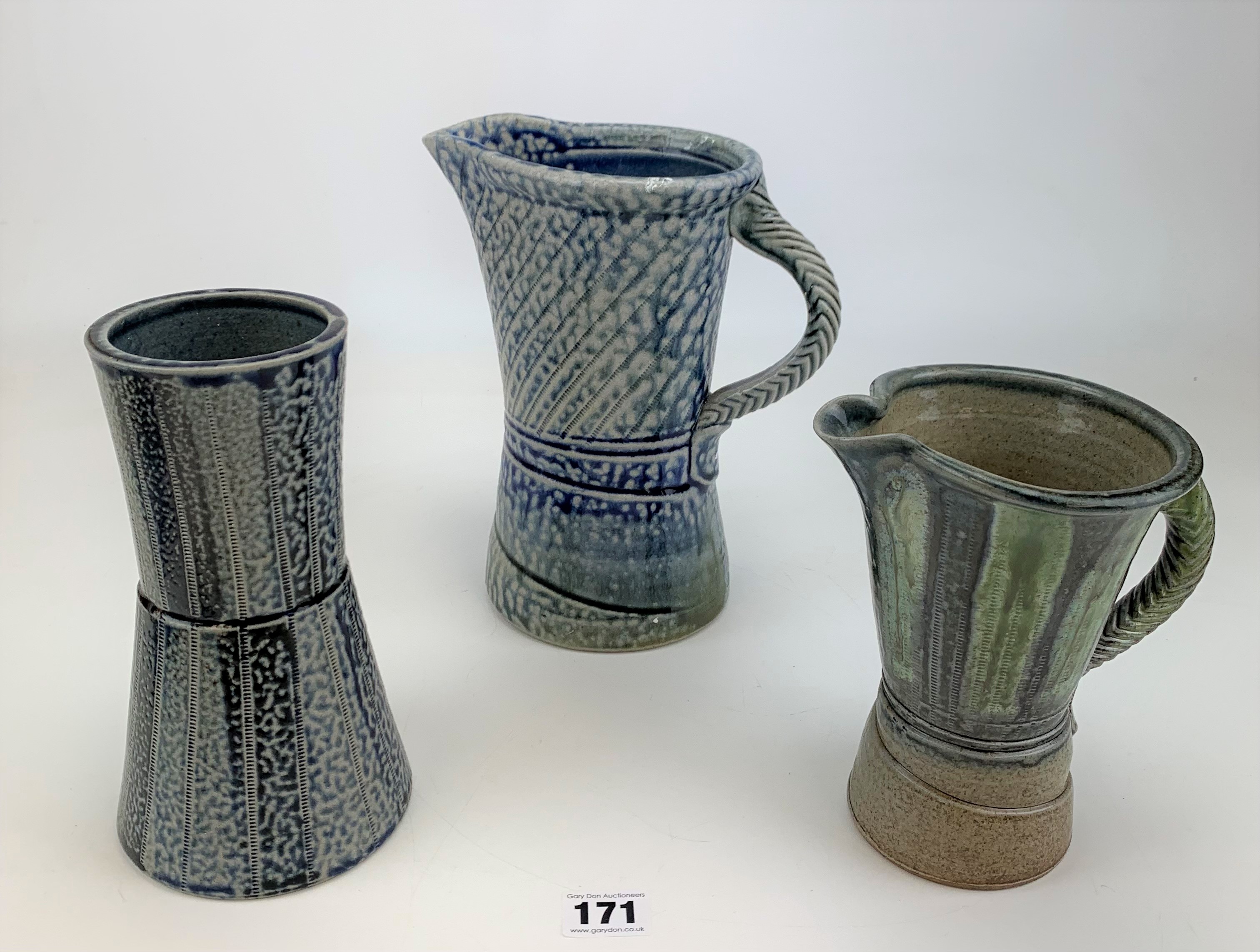2 x Studio art pottery jugs and 1 vase signed JH Jane Hamlyn 6.5”,7” and 8.5” high - Image 2 of 8