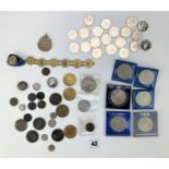 Assorted UK crowns, pre-decimal coins and football tokens