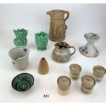 Mixed Studio Art Pottery- Sylvac vases, Millstonia jug 9.5” high, 2 pieces of Heart pottery,