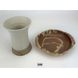 Studio art pottery stoneware dish and vase. 9.5” dia and 8” high