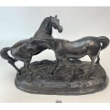 Bronze two horse figure on stand. Signed Mene. 13” high x 20” wide