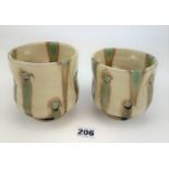 2 x Studio Art pottery colour glaze, oxidized stoneware cups signed Takeshi Yasuda 4” and 4.5” high