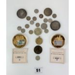 Assorted coins inc. UK 1845 crown, USA 1897 silver dollar, 2 proof banknote coins etc