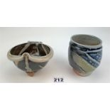 Soda glazed stoneware faceted Yunomi and pouring bowl signed Ruthanne Tudball. 3” and 4” high