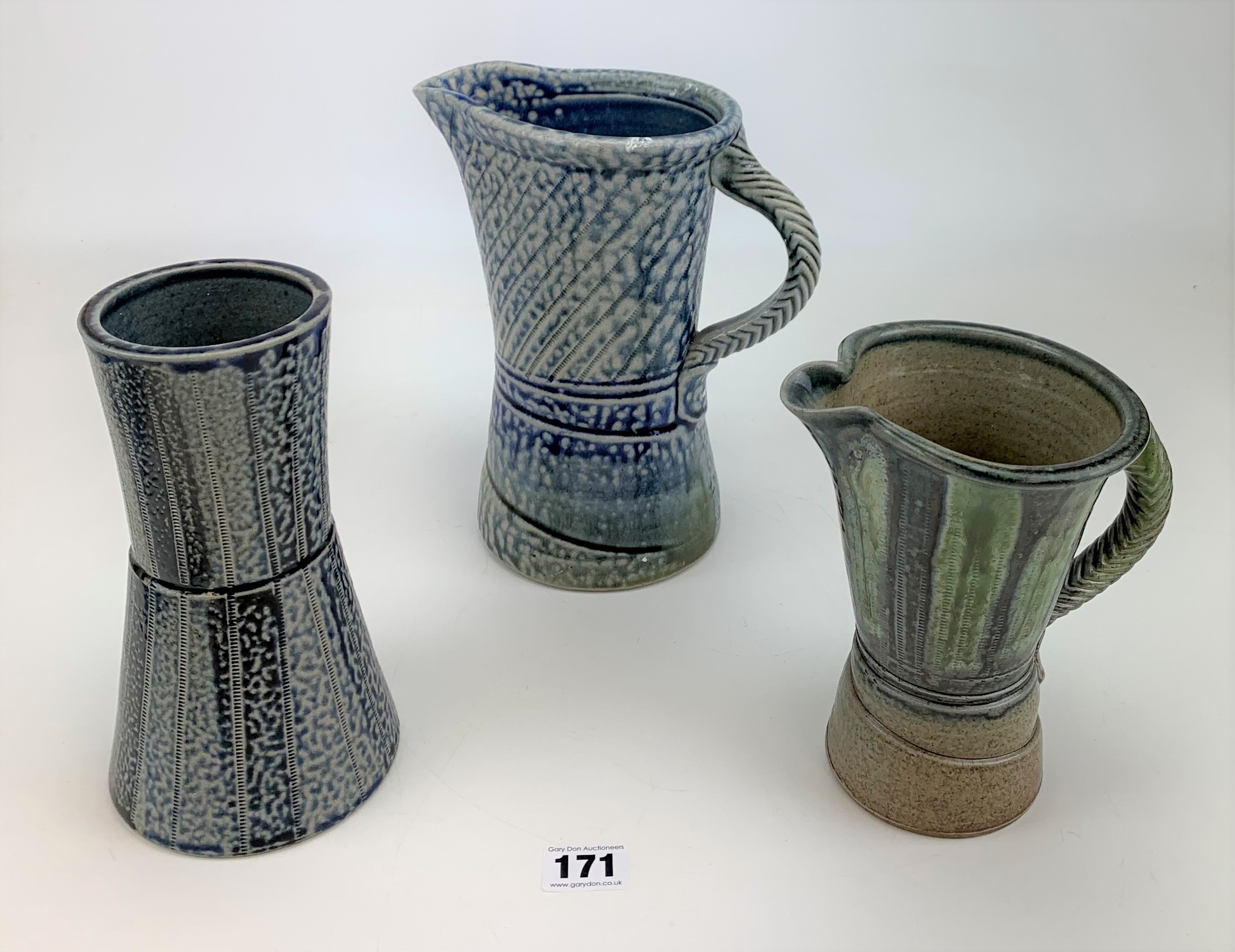2 x Studio art pottery jugs and 1 vase signed JH Jane Hamlyn 6.5”,7” and 8.5” high