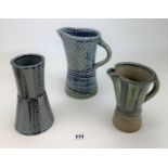 2 x Studio art pottery jugs and 1 vase signed JH Jane Hamlyn 6.5”,7” and 8.5” high