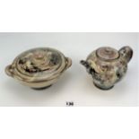 Studio Art pottery teapot 6” and twin handled lidded dish. signed Nick Chapman. 6” h x 10” dia.